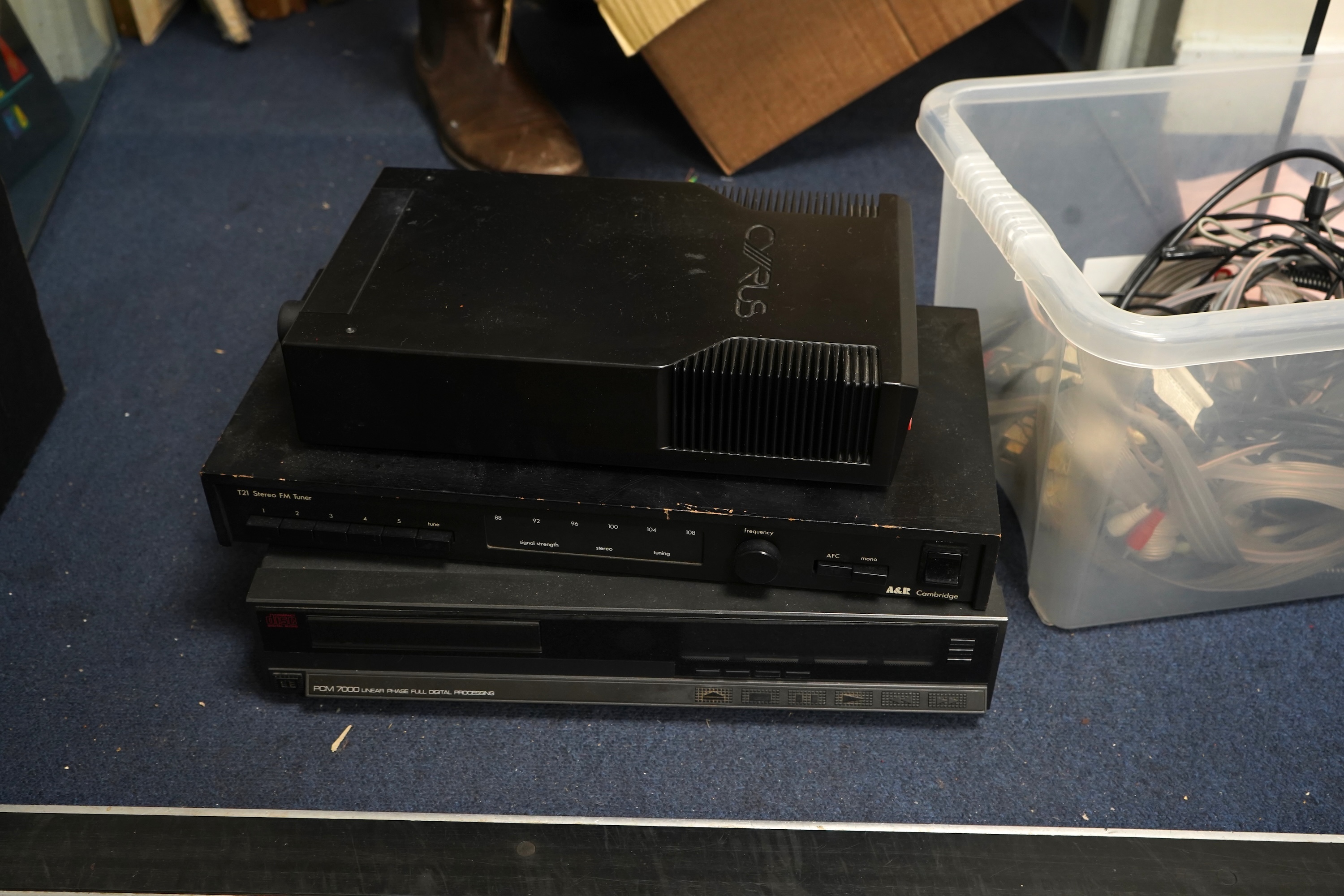 A pair of Mission 775 floor standing stereo speakers, 116cm high, together with a Cyrus 7 integrated amplifier, a PCM 7000 CD player, and a Cambridge T21 stereo FM tuner, plus a quantity of related cables, etc.